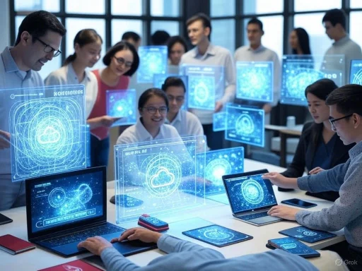 Group of professionals collaborating with holographic digital interfaces in a high-tech conference room. Group of professionals collaborating with holographic digital interfaces in a high-tech conference room.