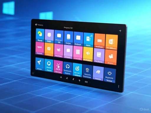 A touchscreen device displaying colorful app icons on a blue digital grid background.