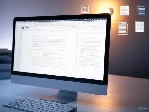A computer monitor displays a document editing interface, with floating document icons projected around it.