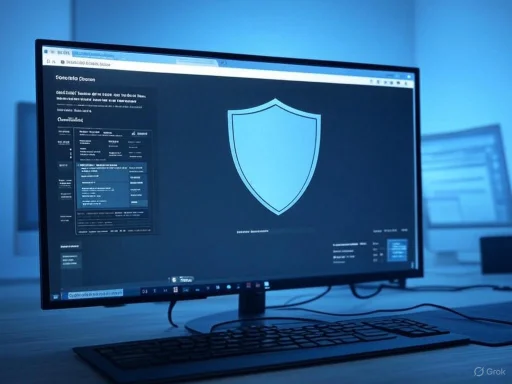 A computer monitor displays a cybersecurity shield graphic with data and security information on a blue-toned desk.