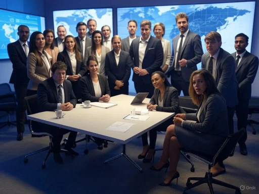 A diverse group of professionals gathers in a modern conference room with world maps on screens behind them.