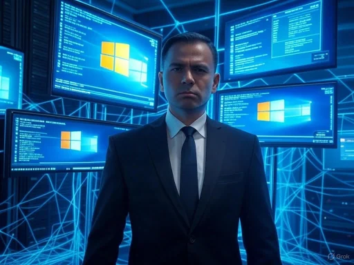 A serious man in a suit stands in front of multiple screens displaying Windows interface and code, in a high-tech digital environment.