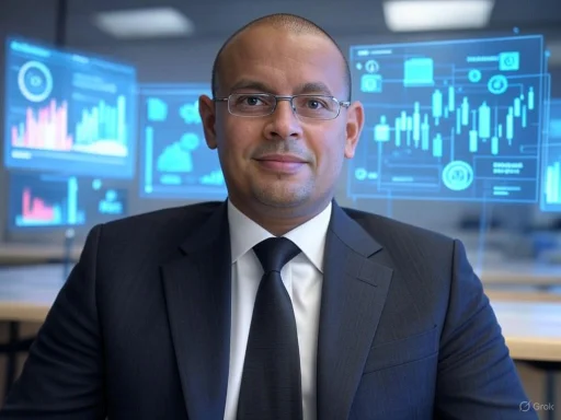 A businessman in a suit with digital financial graphs displayed on screens behind him in a modern office. A businessman in a suit with digital financial graphs displayed on screens behind him in a modern office.