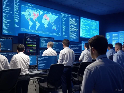 A team of analysts monitors global cybersecurity threats on multiple large screens in a high-tech operations room.