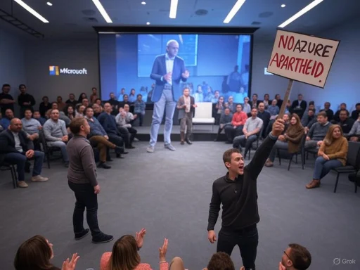 A protester holding a 'NO AZURE APARTHEID' sign during a corporate event at Microsoft headquarters. A protester holding a 'NO AZURE APARTHEID' sign during a corporate event at Microsoft headquarters.