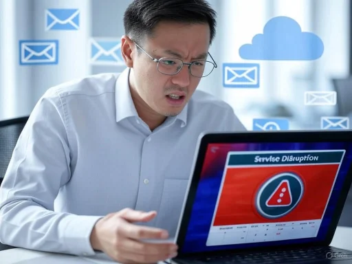 A man looks concerned while working on a laptop with a 'Service Disruption' warning on the screen.