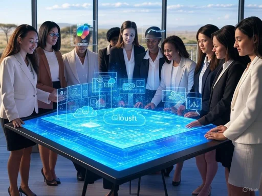 Business professionals use a digital interactive table with virtual screens in a modern office setting.