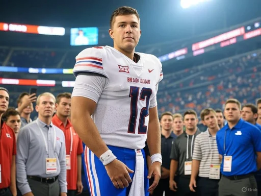 A football player in uniform stands confidently on the field with a group of supporters or teammates behind him.