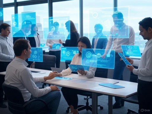 Team of professionals collaborating with holographic digital interfaces in a modern office setting. Team of professionals collaborating with holographic digital interfaces in a modern office setting.