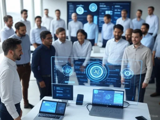 Team of professionals discusses futuristic digital data visuals in a modern office presentation.