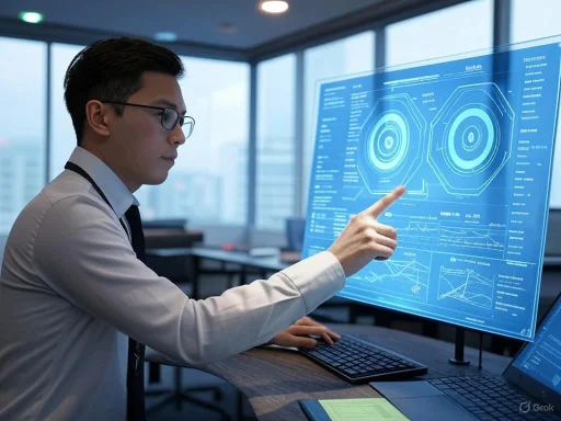 A man in a suit analyzes data on a futuristic, holographic touchscreen in an office setting. A man in a suit analyzes data on a futuristic, holographic touchscreen in an office setting.