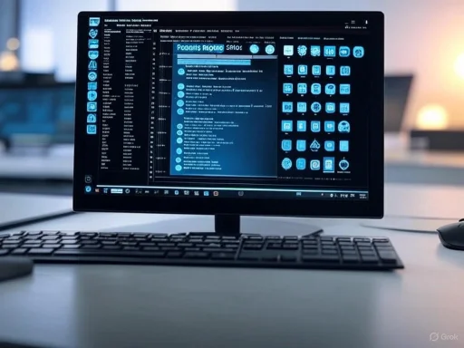 A computer screen displays a cybersecurity or network monitoring interface with various icons and data feeds.