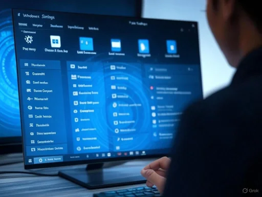 A person in a suit interacts with a computer screen displaying Windows Settings with a focus on appearance and customization options.