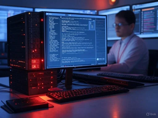 A cybersecurity analyst monitors multiple screens displaying code and network activity in a dimly lit control room.