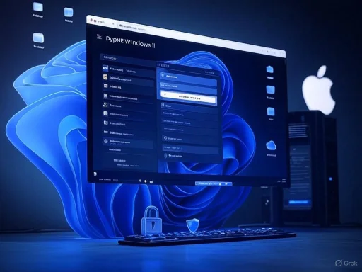 A computer setup displaying a Windows 11-like interface with security icons, a keyboard, and an Apple logo in the background.