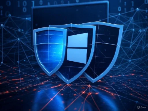 Digital shields with Windows logo protect against cyber threats on a network.