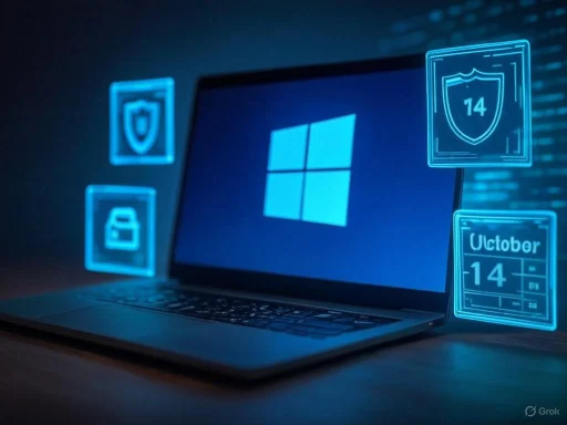 A laptop with Windows logo displayed, surrounded by holographic security icons and a calendar date of October 14. A laptop with Windows logo displayed, surrounded by holographic security icons and a calendar date of October 14.