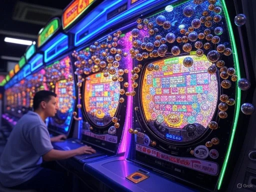 A young person plays a colorful, illuminated pinball machine at an arcade.