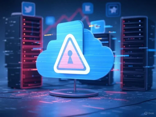 A digital cloud icon with a warning symbol indicating a security alert or data breach in a cloud server environment.