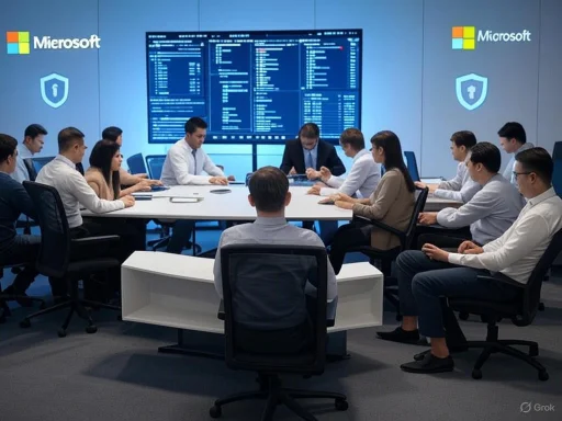 Team of professionals in a Microsoft security meeting room, analyzing data on large screen monitors.