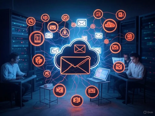 People working in a server room with digital graphics of email and cloud icons representing data communication. People working in a server room with digital graphics of email and cloud icons representing data communication.