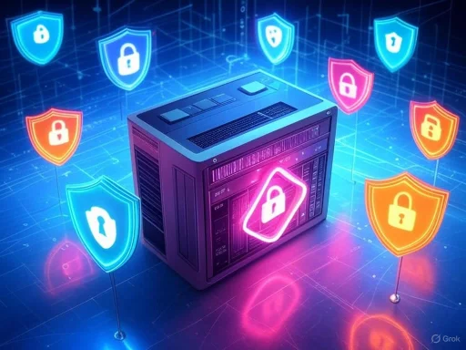 A data server surrounded by holographic security shields, symbolizing cybersecurity protection.
