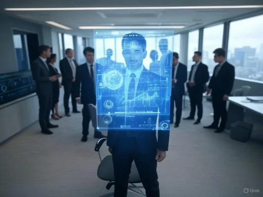A businessman interacts with a holographic digital interface in a modern office with colleagues behind him.
