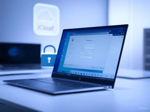 A laptop on a desk displays a login screen, with a cloud icon and a security lock symbol in the background.