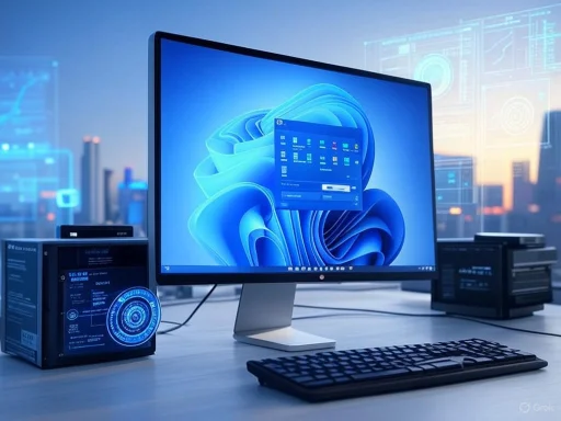 A modern computer setup with a large monitor, keyboard, and futuristic holographic interface displays against a cityscape background.