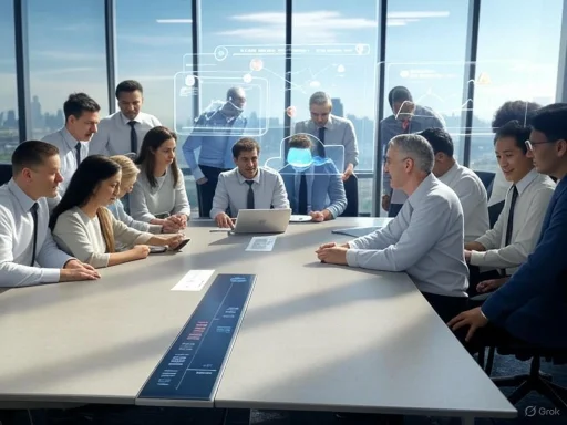 A diverse group of professionals engaged in a high-tech business meeting with futuristic holographic displays in a modern office.