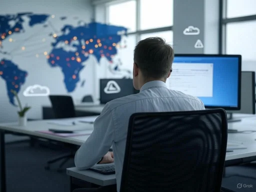 A person working on a computer in a modern office with a world map and cloud icons on the window. A person working on a computer in a modern office with a world map and cloud icons on the window.