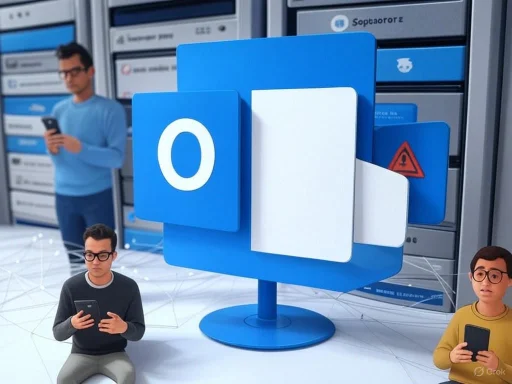 Digital illustration of people using smartphones with Microsoft Outlook logo in a tech-themed environment.
