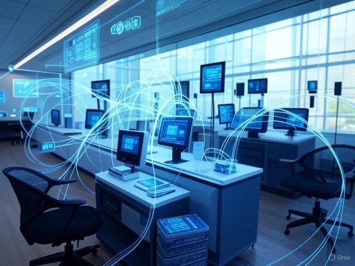 A futuristic computer lab with interconnected monitors and holographic data displays. A futuristic computer lab with interconnected monitors and holographic data displays.