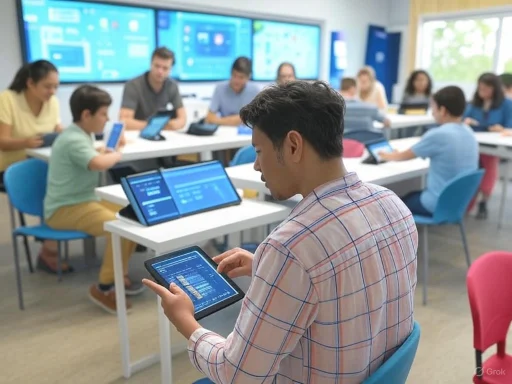 A person using a tablet in a classroom with students and teachers working on digital devices at tables.