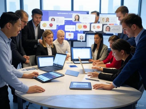 Team of professionals collaborating in a modern office conference room with digital screens and laptops.