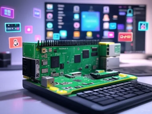 A computer setup with a keyboard and a large motherboard placed on top, with a monitor displaying app icons in the background.