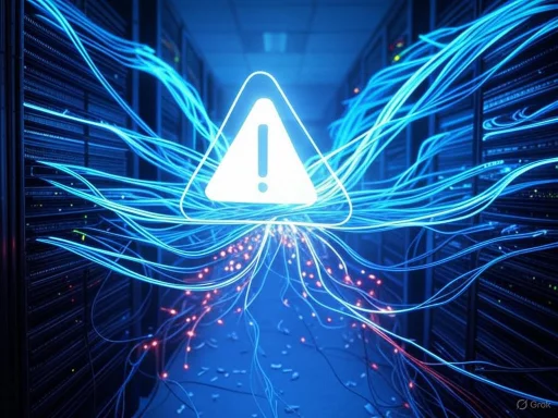 Warning alert in a data server room with blue wiring and a prominent exclamation mark in a triangle.