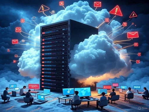 People working on computers connect to a cloud server with various digital notification icons and warning signs.