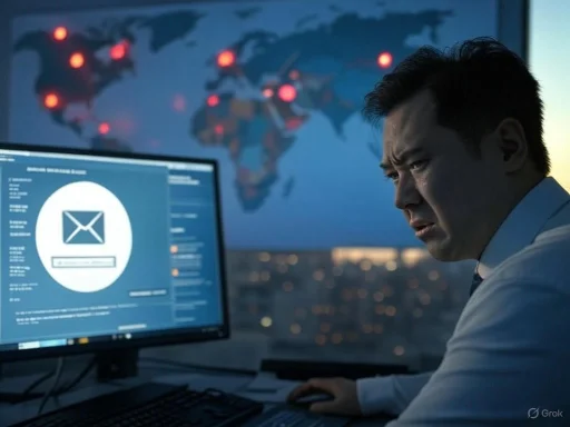 A man looks frustrated while working on a computer displaying a large email icon, with a world map featuring red indicators in the background.