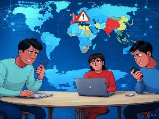 Three worried individuals analyze a world map highlighting a global warning, possibly related to cybersecurity or a crisis.