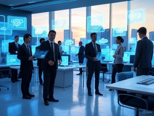 Business professionals interact with holographic digital data in a modern high-rise office.