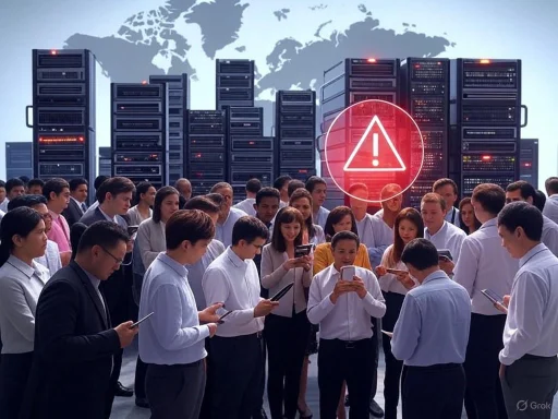 A group of people in business attire using mobile devices in front of a digital warning alert with server racks and a world map background.
