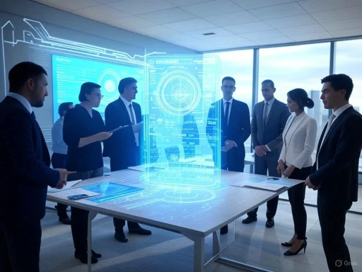 Business team in a meeting with a holographic digital interface projecting futuristic data and graphics.