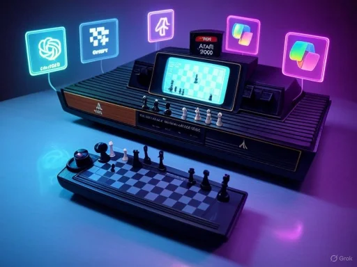 A Atari console with a chessboard and a digital screen displaying a chess game, surrounded by neon gaming icons.
