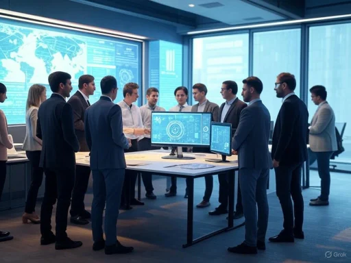 Group of professionals in business attire collaborating around high-tech monitors in a modern conference room.