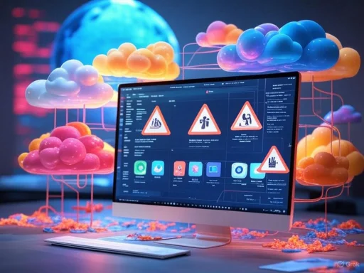 A computer screen displays hazard warning icons amidst colorful cloud illustrations, suggesting a digital or cloud safety theme.
