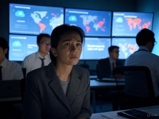 A young woman in a suit looks worried in a high-tech control room with multiple world maps on screens displaying data.