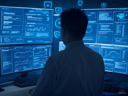 A person monitors multiple screens displaying data and graphs in a high-tech cybersecurity or data analysis environment. A person monitors multiple screens displaying data and graphs in a high-tech cybersecurity or data analysis environment.