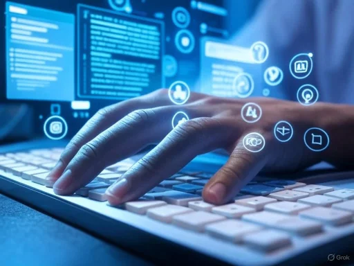 A person types on a keyboard with digital icons and data floating in the background, suggesting cybersecurity or digital communication.