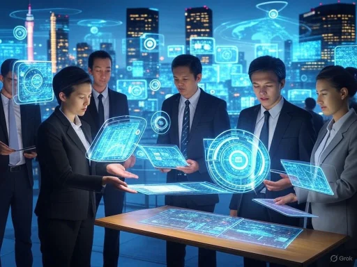 Business professionals analyze holographic digital interfaces in a futuristic cityscape.